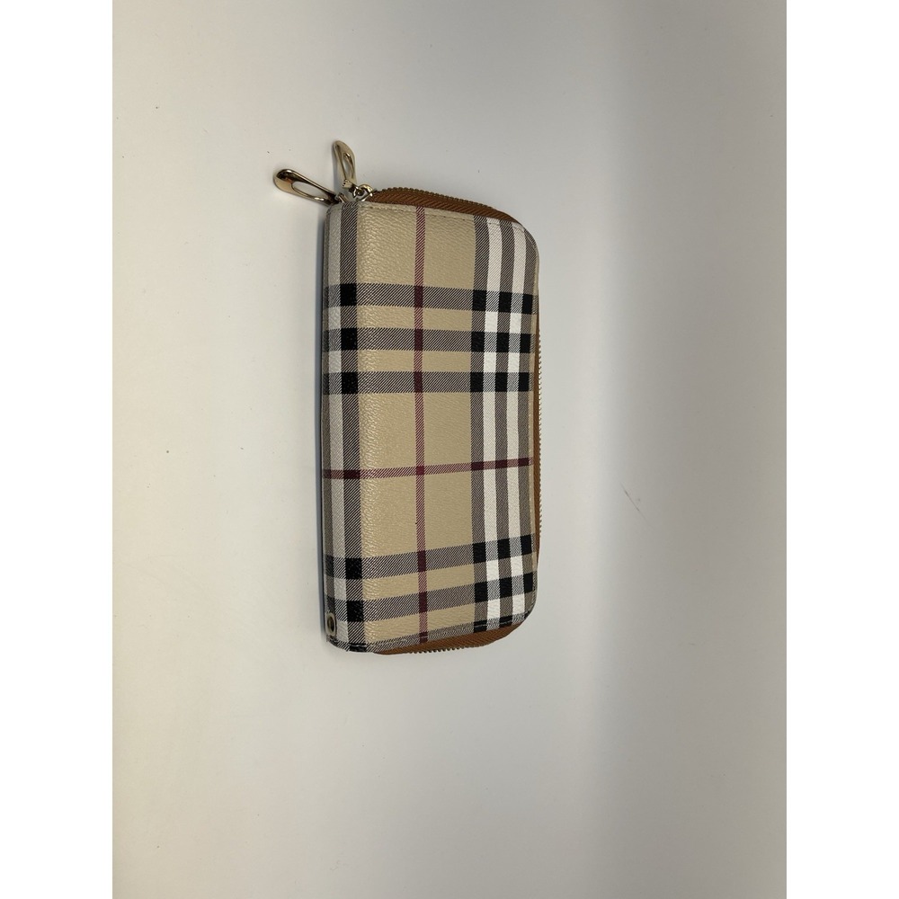 Beige Plaid Zip Around Wallet Clutch Organizer Wristlet Check Pattern